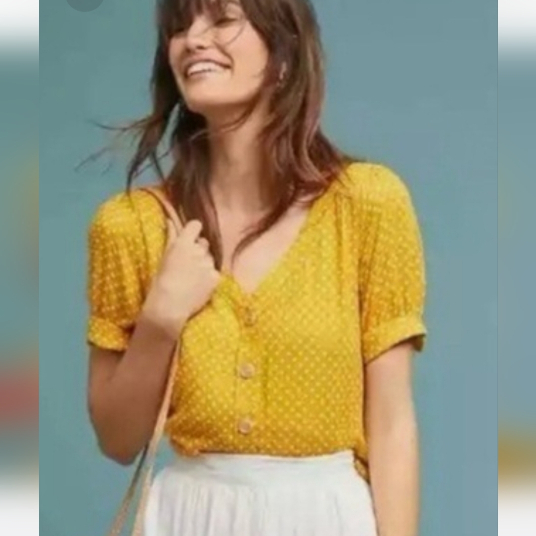 Anthropologie Maeve Yellow Polka Dot Blouse Size 2